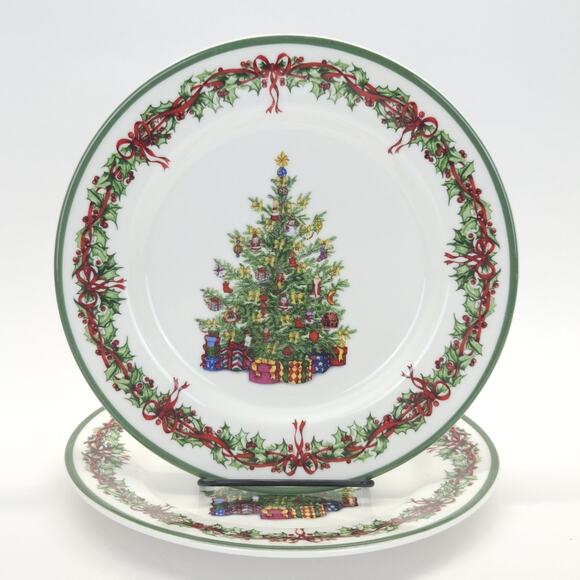 Vtg Christopher Radko Christmas Tree Dessert Plate Green Holly Traditional 2pcs - Picture 1 of 6